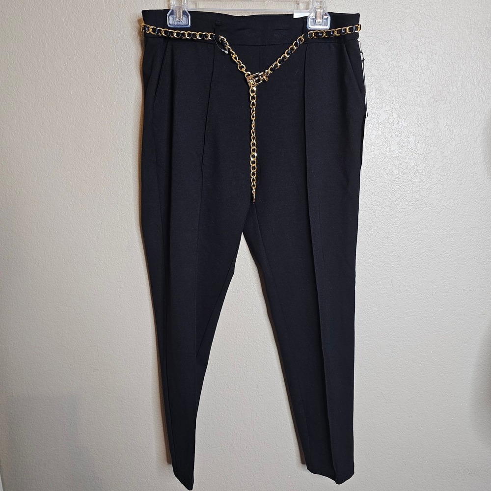 NWT Nicole Miller Black Ponte Front seam Mid Rise Slim Leg Pant Chain Belt Large
